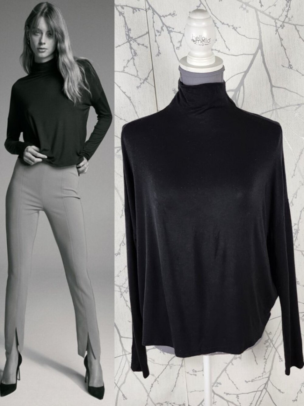 Babaton Black Stretch Jersey Loose Fit Mockneck Long Sleeve